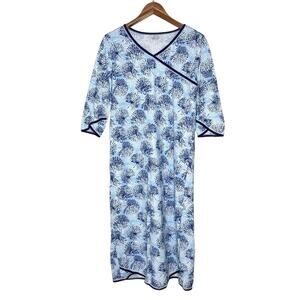 Garnet Hill Asian Wrap Midi Nightgown Size Small Print White Navy Organic Cotton